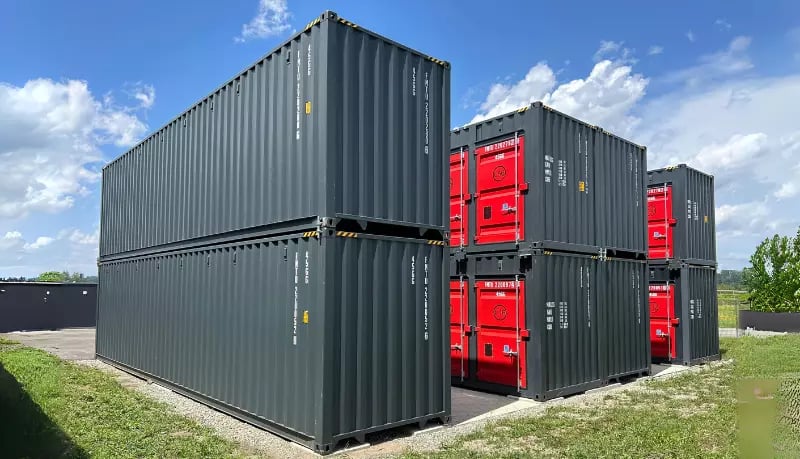 FOREMOST self storage shipping containers positioned for modular assembly in an outdoor setting