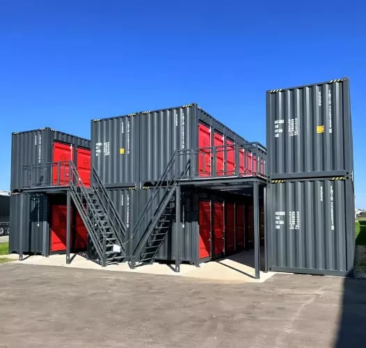 Exterior of FOREMOST's two-story shipping container self-storage units with convenient stair access