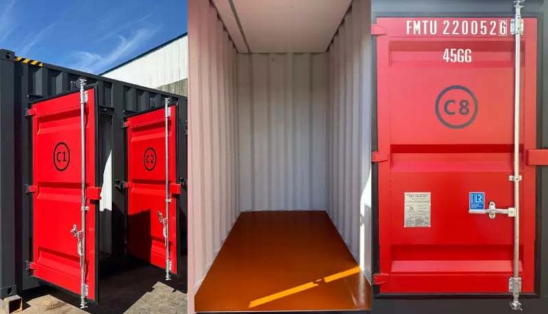 FOREMOST modular self storage container door open, featuring a dual-lock system and CSC plate
