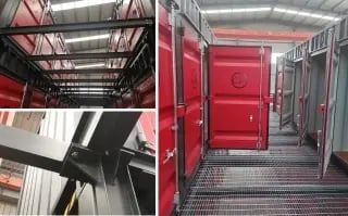 Interior view of a storage facility with red doors, showcasing the secure and organized setup inside modern shipping containers