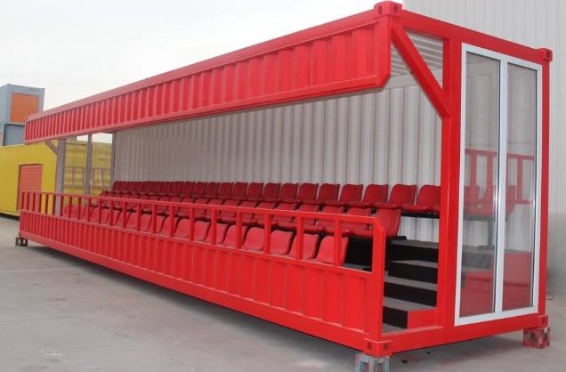 FOREMOST's innovative red and white modular shipping container grandstand with transparent safety barriers